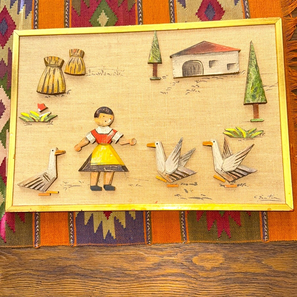Anri  15”W x 10” H Italian children’s wood carved girl with geese on burlap